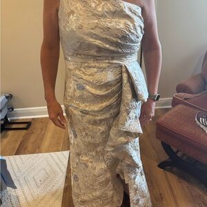 Xscape Silver Asymmetrical Ruched One Shoulder Gown